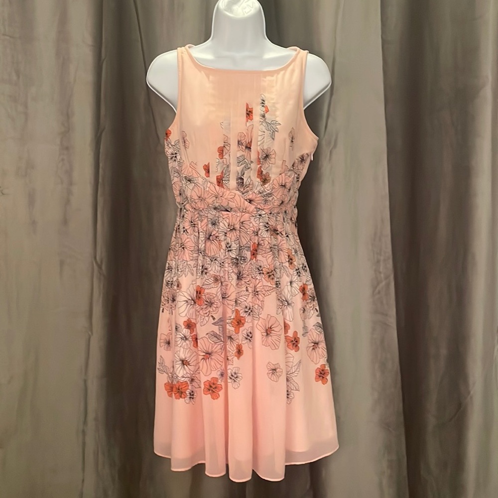 Floral fit & flare dress size 4.  Pink, coral & black colors.